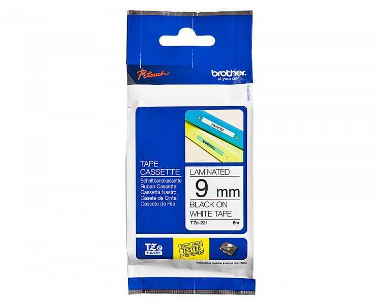 Cinta brother tze221 blanco-negro 9mm longitud 8 mt