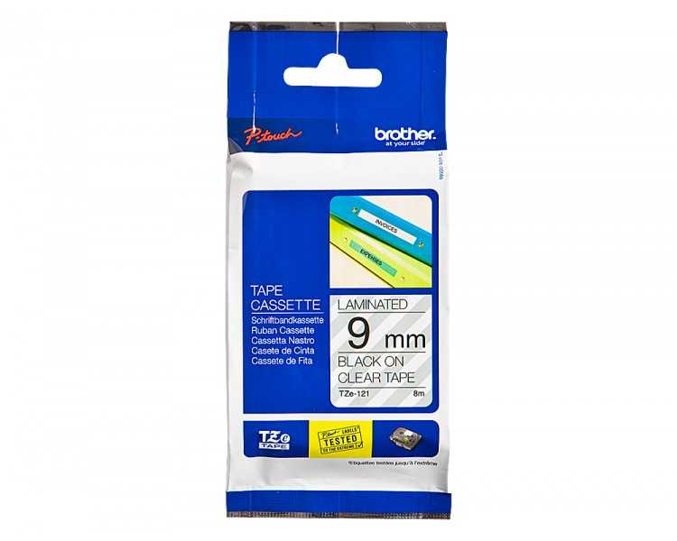 Cinta brother tze121 transparente-negro 9mm longitud 8 mt