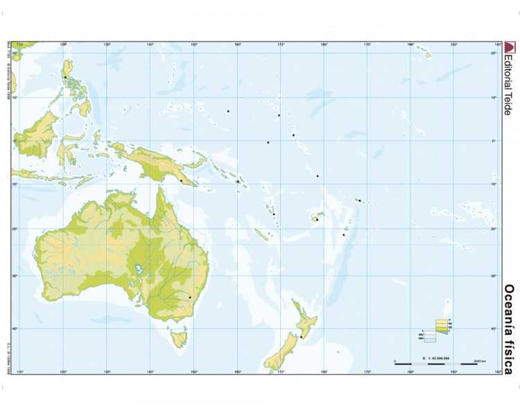 Mapa mudo color din a4 oceania fisico