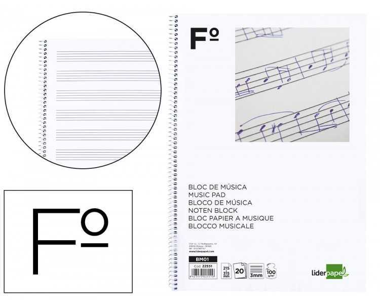 Bloc musica liderpapel pentagrama 3mm folio 20 hojas 100g/m2