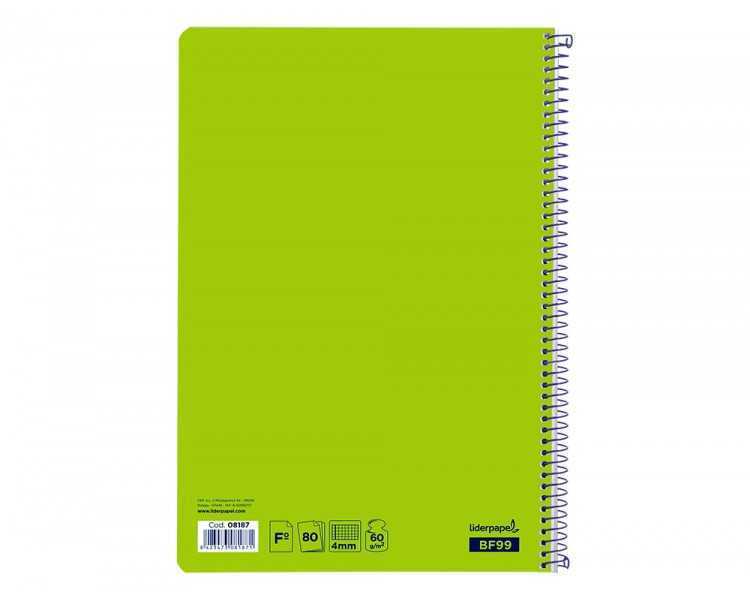 Cuaderno espiral liderpapel folio smart tapa blanda 80h 60gr cuadro 4mm con margen color verde