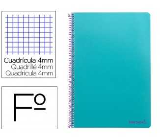 Cuaderno espiral liderpapel folio smart tapa blanda 80h 60gr cuadro 4mm con margen color turquesa
