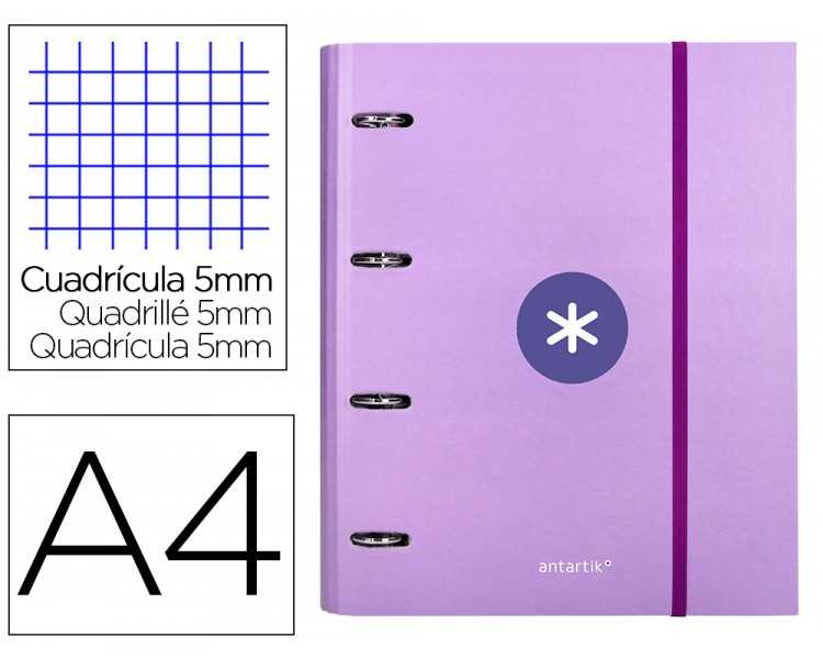 Carpeta con recambio antartik a4 cuadro 5mm forrada 4 anillas 40mm redondas con solapa color lavanda