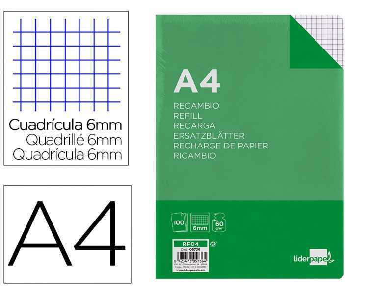 Recambio liderpapel a4 100 hojas 60g/m2 cuadro 6 mm 4 taladros con margen