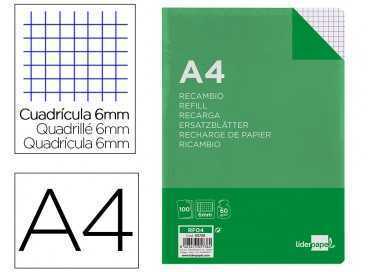 Recambio liderpapel a4 100 hojas 60g/m2 cuadro 6 mm 4 taladros con margen