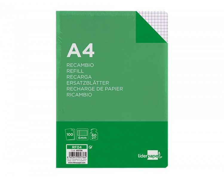 Recambio liderpapel a4 100 hojas 60g/m2 cuadro 6 mm 4 taladros con margen
