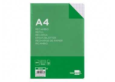 Recambio liderpapel a4 100 hojas 60g/m2 cuadro 6 mm 4 taladros con margen Recambio liderpapel a4 100 hojas 60g/m2 cuadro 6 mm 4 taladros con margen