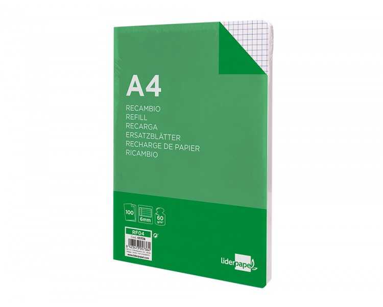 Recambio liderpapel a4 100 hojas 60g/m2 cuadro 6 mm 4 taladros con margen