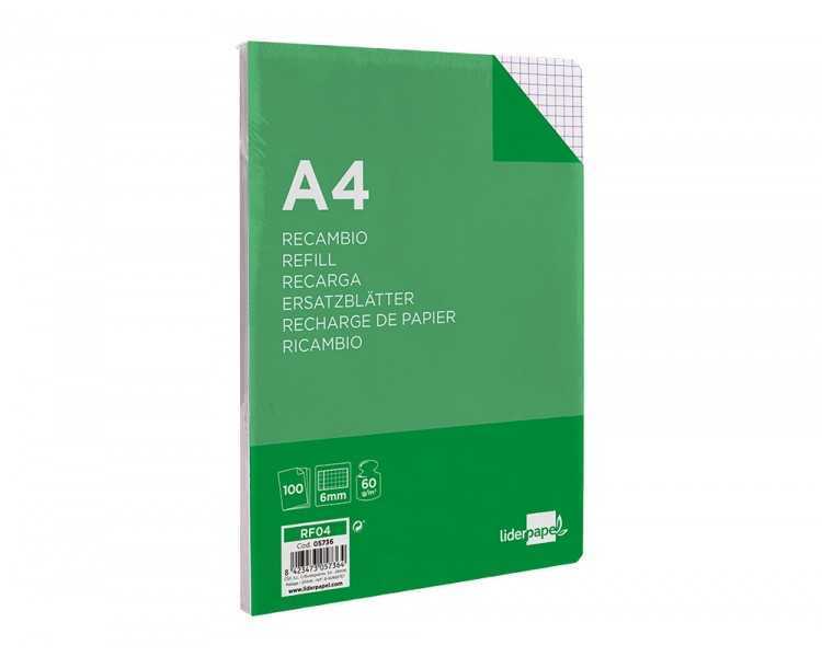 Recambio liderpapel a4 100 hojas 60g/m2 cuadro 6 mm 4 taladros con margen