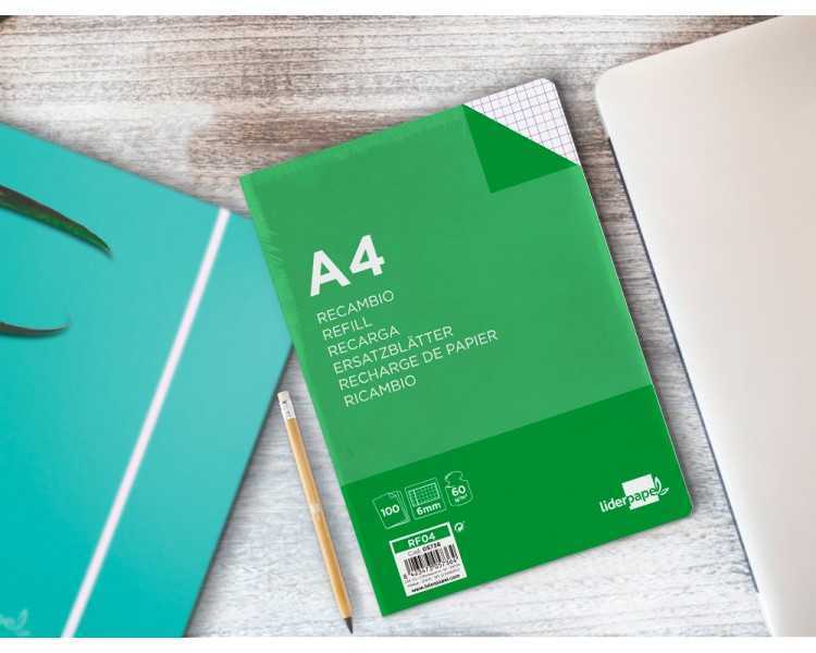 Recambio liderpapel a4 100 hojas 60g/m2 cuadro 6 mm 4 taladros con margen