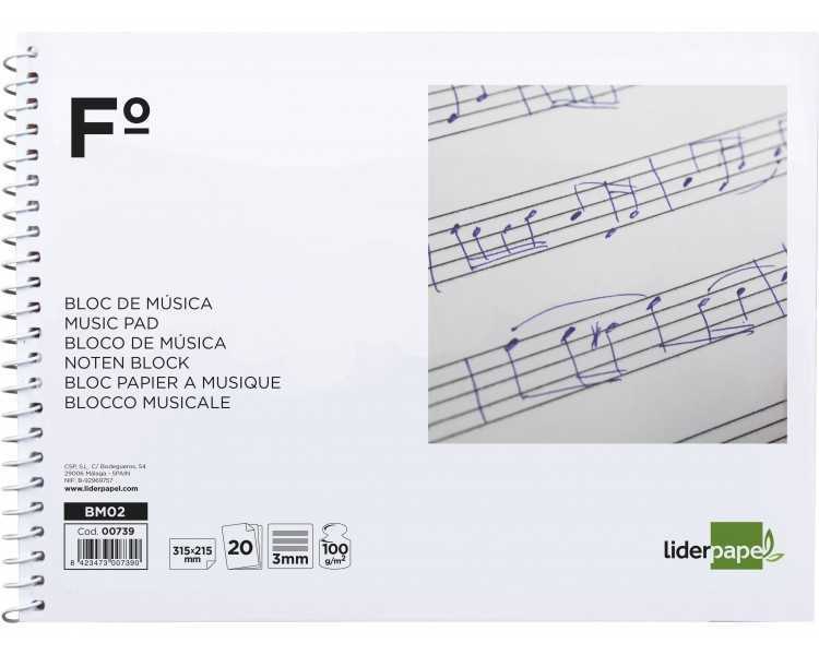 Bloc musica liderpapel pentagrama 3mm folio apaisado 20 hojas 100g/m2