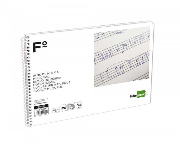 Bloc musica liderpapel pentagrama 3mm folio apaisado 20 hojas 100g/m2