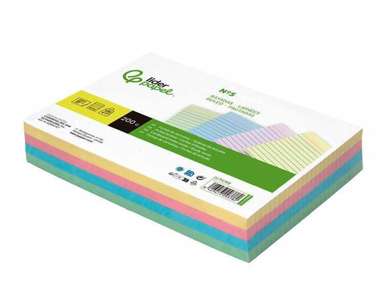 Tarjeta liderpapel para estudiar rayada cartulina de colores 170 gr/m2 160x220mm paquete de 200 unidades