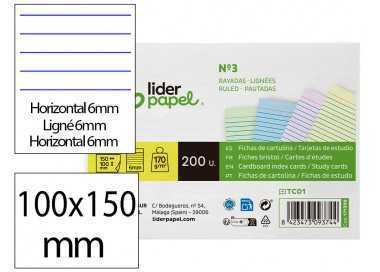 Tarjeta liderpapel para estudiar rayada cartulina de colores 170 gr/m2 100x150mm paquete de 200 unidades