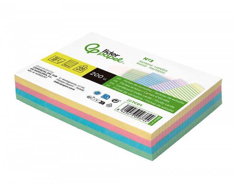Tarjeta liderpapel para estudiar rayada cartulina de colores 170 gr/m2 100x150mm paquete de 200 unidades