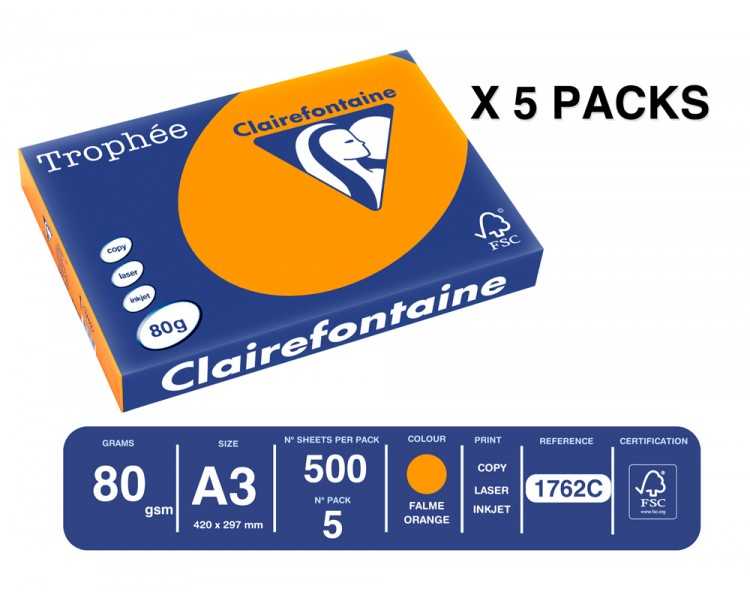 Papel color trophee a3 80gr naranja intenso paquete de 500 hojas