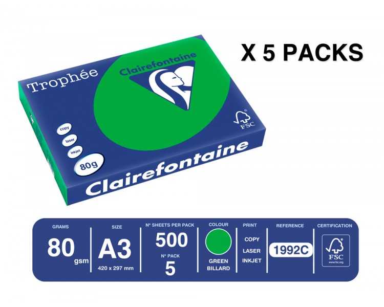 Papel color trophee a3 80gr verde intenso paquete de 500 hojas