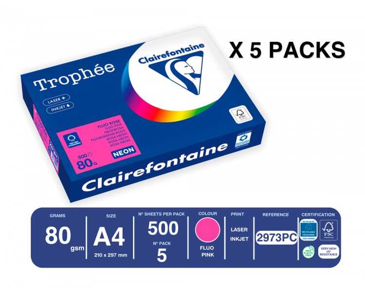 Papel color trophee a4 80gr rosa neon paquete de 500 hojas