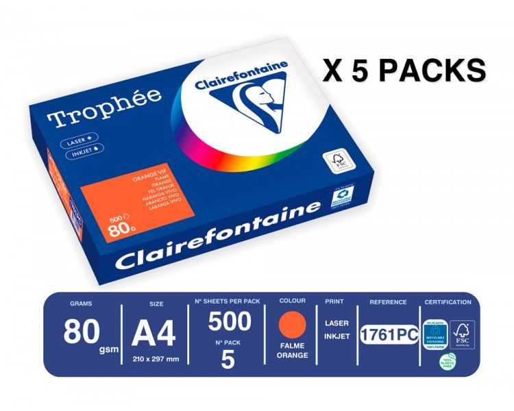 Papel color trophee a4 80gr naranja intenso paquete de 500 hojas