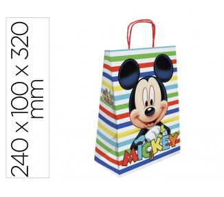 Bolsa para regalo basika papel celulosa 90 gr mickey con asa retorcida tamaño s 240x100x320mm