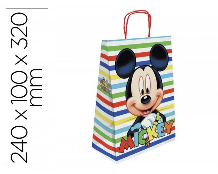 Bolsa para regalo basika papel celulosa 90 gr mickey con asa retorcida tamaño s 240x100x320mm