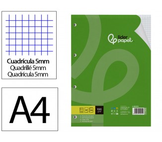 Recambio liderpapel a4 100 hojas 100g/m2 cuadro 5 mm con margen 4 taladros