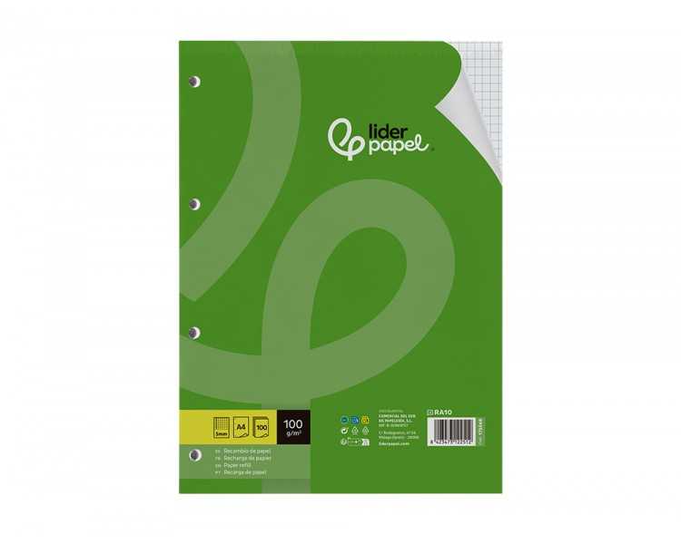 Recambio liderpapel a4 100 hojas 100g/m2 cuadro 5 mm con margen 4 taladros