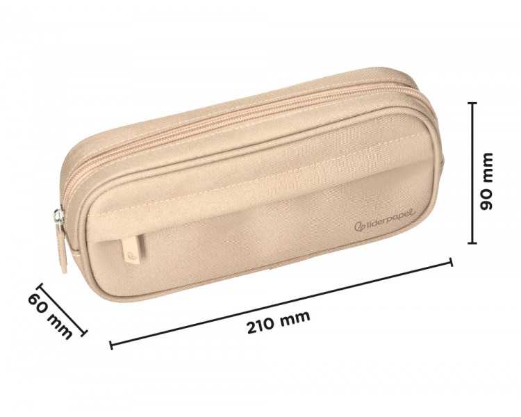 Estuche portatodo liderpapel classic ovalado 2 cremalleras con bolsillo delantero 210x90mm crema