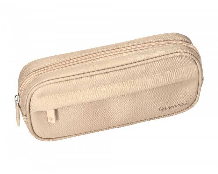 Estuche portatodo liderpapel classic ovalado 2 cremalleras con bolsillo delantero 210x90mm crema