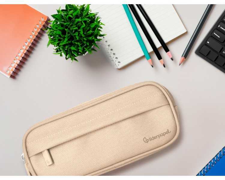 Estuche portatodo liderpapel classic ovalado 2 cremalleras con bolsillo delantero 210x90mm crema