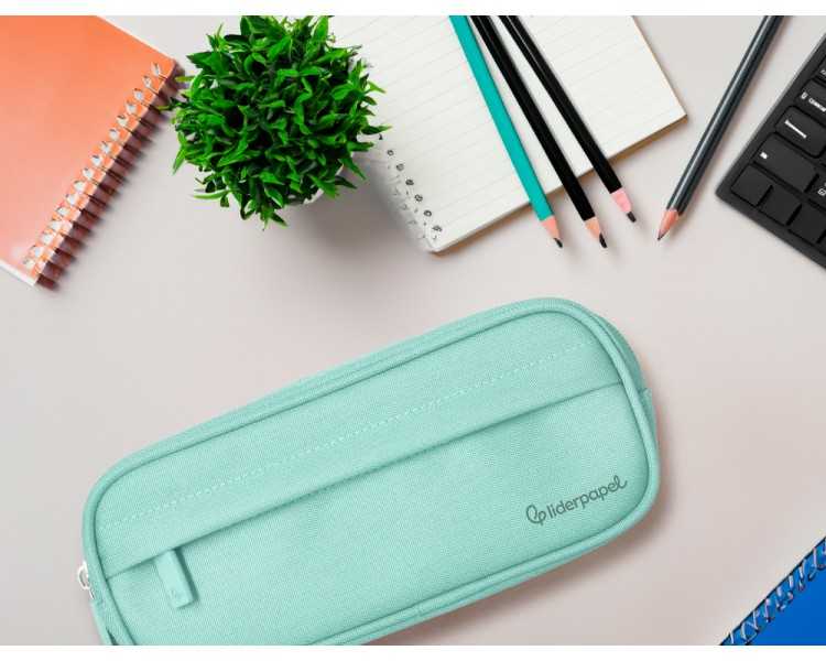 Estuche portatodo liderpapel classic ovalado 2 cremalleras con bolsillo delantero 210x90mm verde manzana