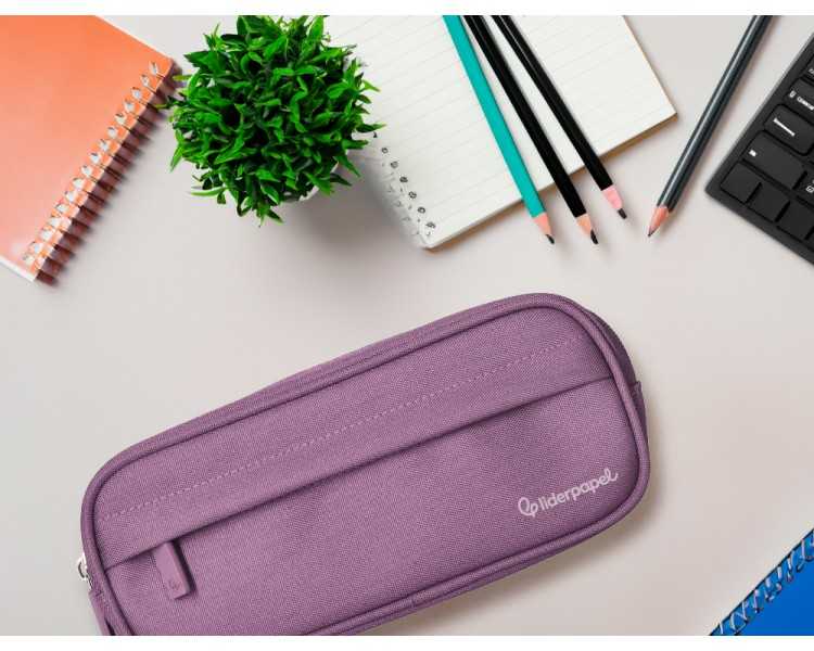 Estuche portatodo liderpapel classic ovalado 2 cremalleras con bolsillo delantero 210x90mm morado empolvado