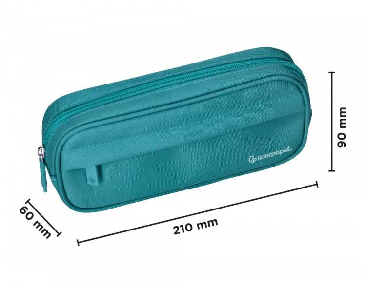 Estuche portatodo liderpapel classic ovalado 2 cremalleras con bolsillo delantero 210x90mm azul turquesa