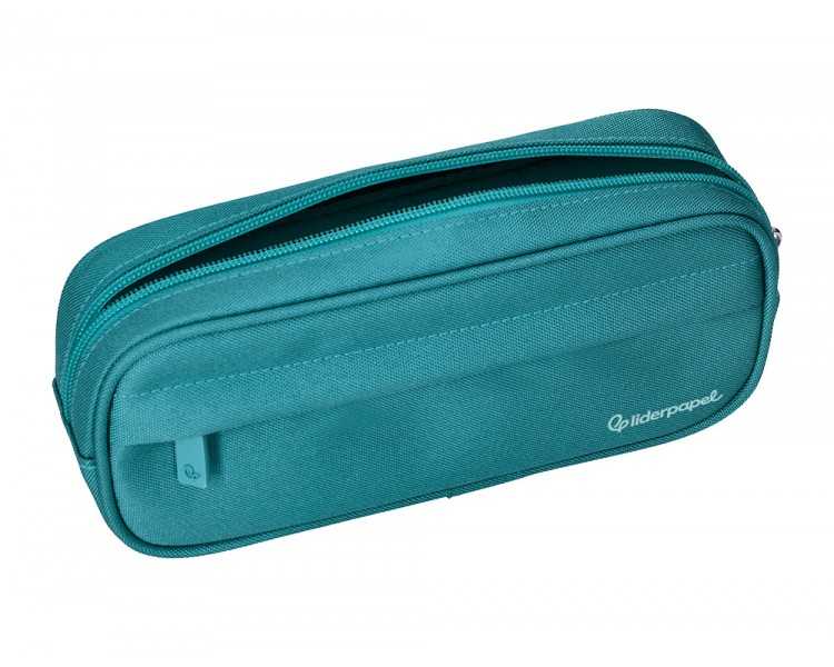 Estuche portatodo liderpapel classic ovalado 2 cremalleras con bolsillo delantero 210x90mm azul turquesa