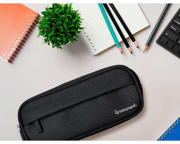 Estuche portatodo liderpapel classic ovalado 2 cremalleras con bolsillo delantero 210x90mm negro