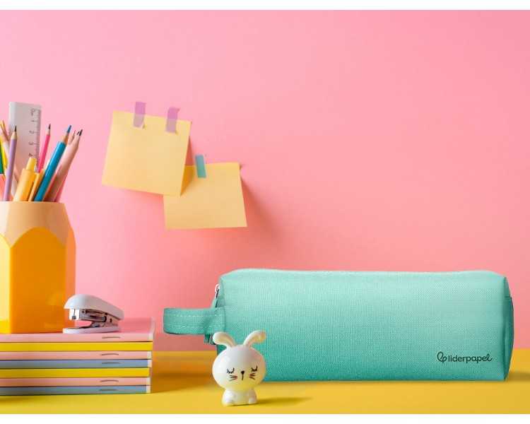 Estuche portatodo liderpapel classic rectangular con asa 2 cremalleras 210 x80mm verde manzana