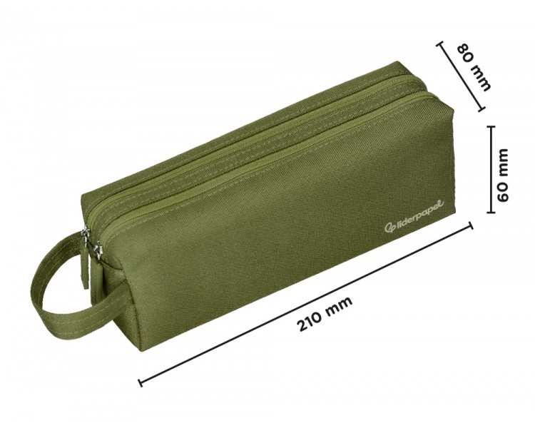 Estuche portatodo liderpapel classic rectangular con asa 2 cremalleras 210 x80mm verde militar