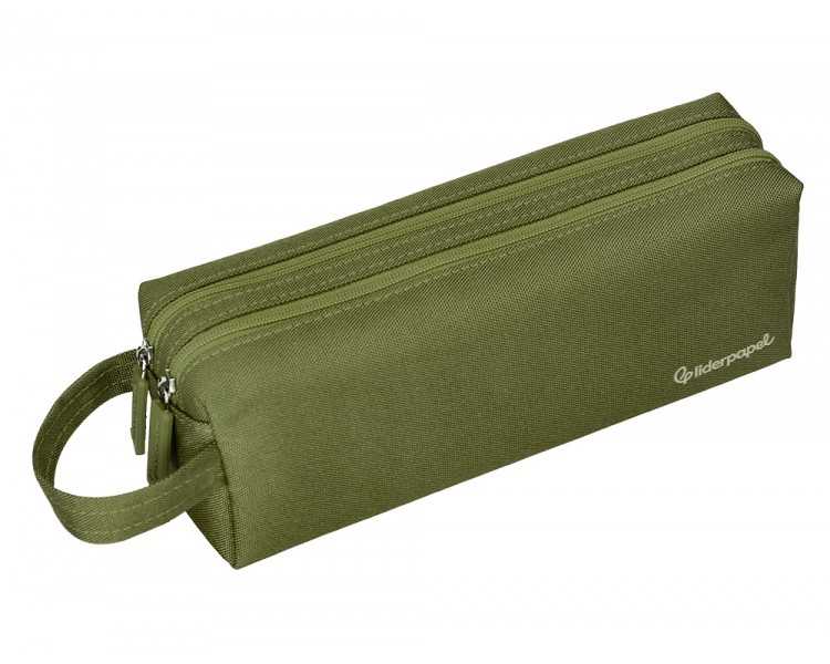 Estuche portatodo liderpapel classic rectangular con asa 2 cremalleras 210 x80mm verde militar