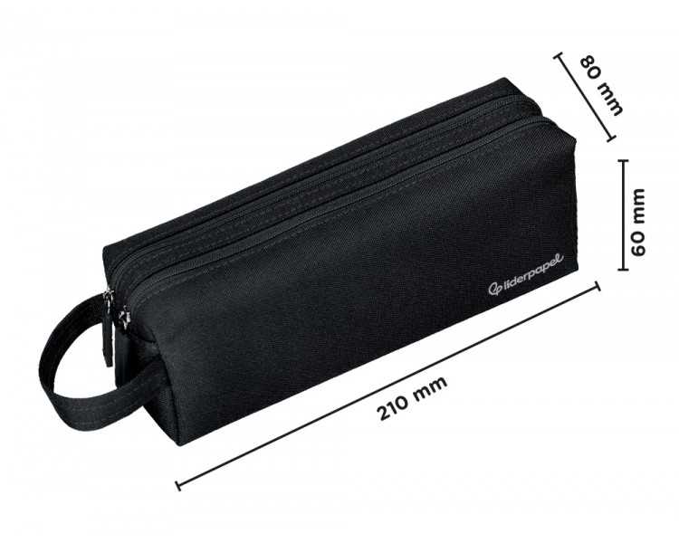 Estuche portatodo liderpapel classic rectangular con asa 2 cremalleras 210 x80mm negro