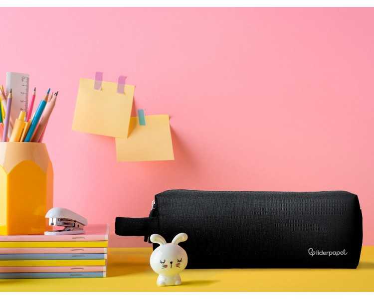 Estuche portatodo liderpapel classic rectangular con asa 2 cremalleras 210 x80mm negro