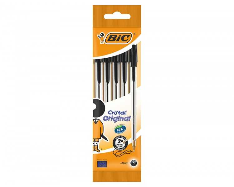 Boligrafo bic cristal original tinta negra bolsa de 5 unidades