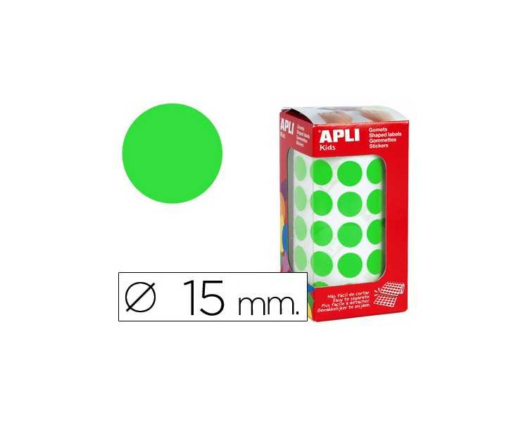 Gomets autoadhesivos circulares 15 mm verde en rollo con 2832 unidades