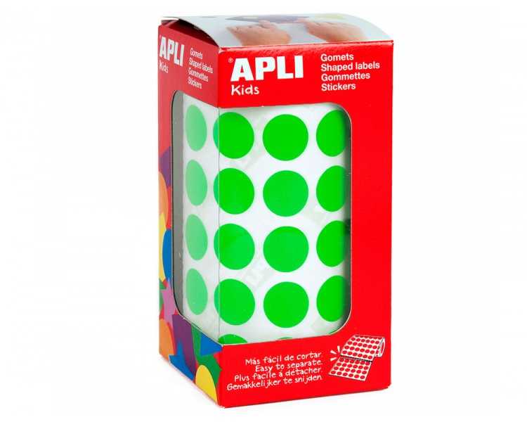 Gomets autoadhesivos circulares 15 mm verde en rollo con 2832 unidades