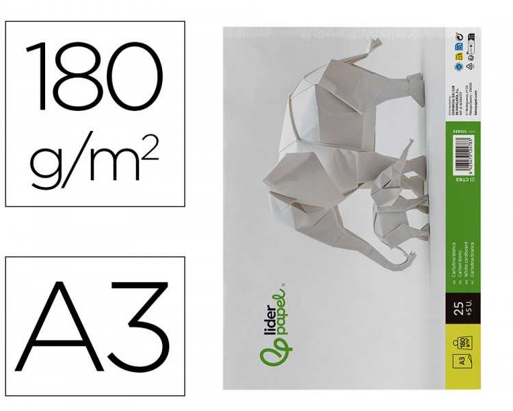 Cartulina liderpapel a3 180g/m2 blanco paquete de 25+5 hojas en carpeta dossier transparente con cierre