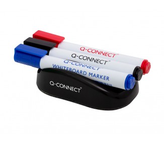 Borrador q-connect magnetico con rotulador negro rojo y azul para pizarra blanca