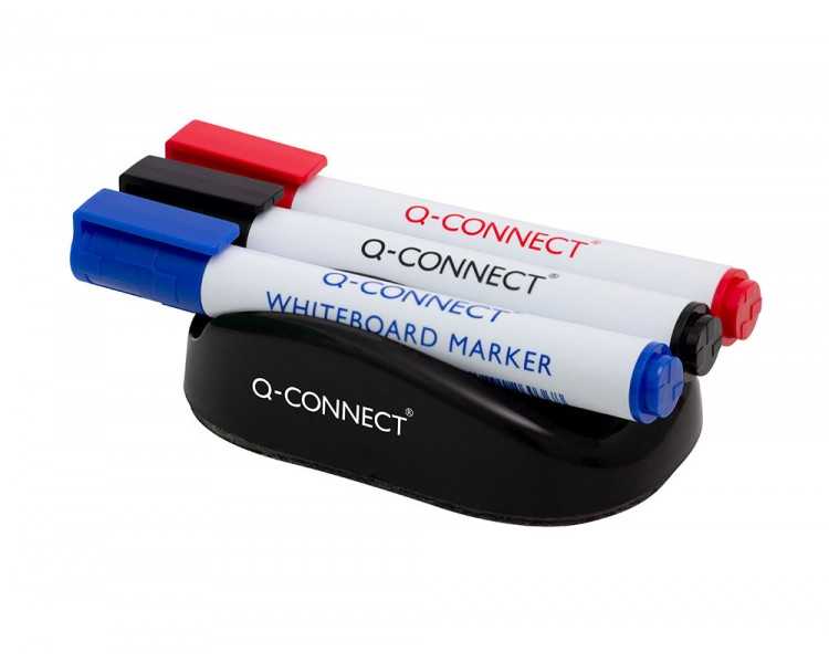 Borrador q-connect magnetico con rotulador negro rojo y azul para pizarra blanca