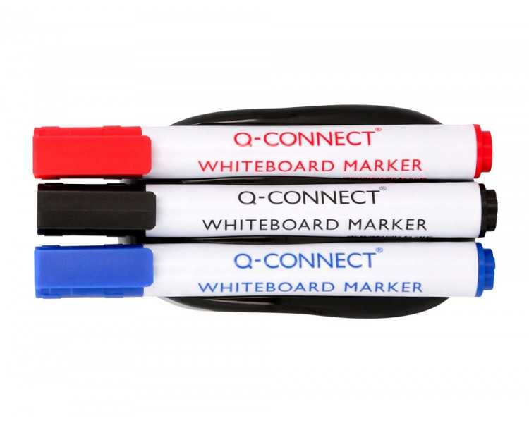 Borrador q-connect magnetico con rotulador negro rojo y azul para pizarra blanca
