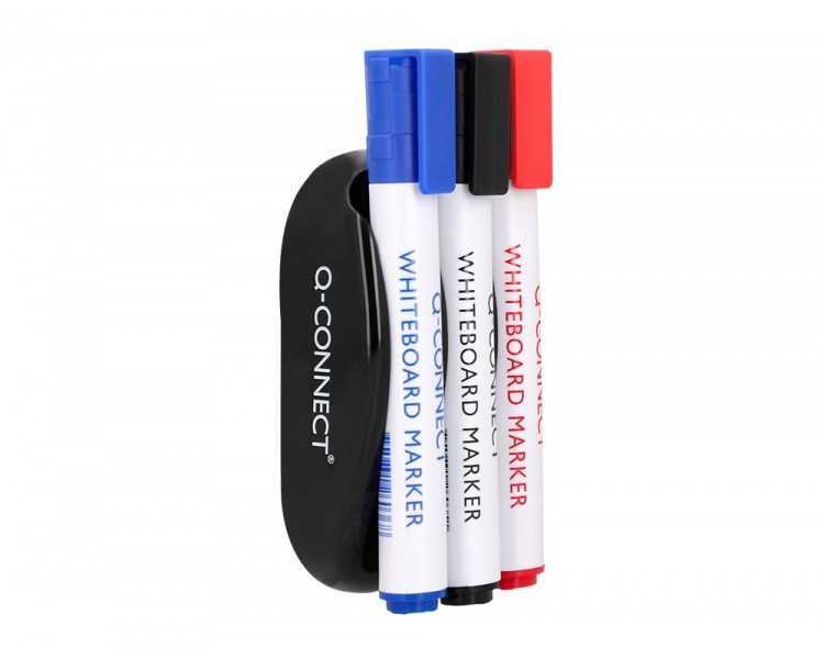 Borrador q-connect magnetico con rotulador negro rojo y azul para pizarra blanca