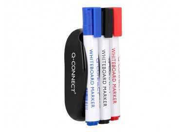 Borrador q-connect magnetico con rotulador negro rojo y azul para pizarra blanca