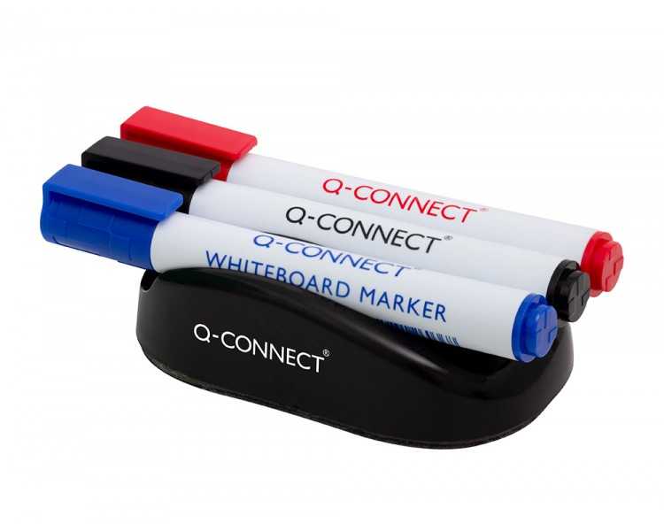 Borrador q-connect magnetico con rotulador negro rojo y azul para pizarra blanca